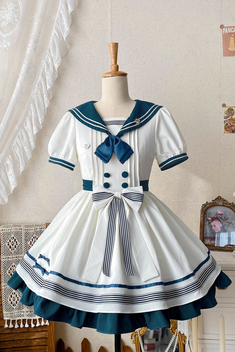 White/Green Navy Collar Short Sleeves Ruffle Bowknot Sweet Lolita Dress