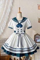 White/Green Navy Collar Short Sleeves Ruffle Bowknot Sweet Lolita Dress