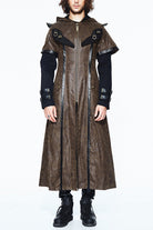 Double Sleeves Steampunk Brown Leather Hooded Mens Long Coat