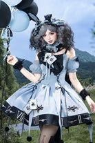 Blue [The Clock Rabbit's Card Game] Sleeveless Jacquard Ruffled Embroidered Bow Lace-Up Gothic Lolita Jsk Dress