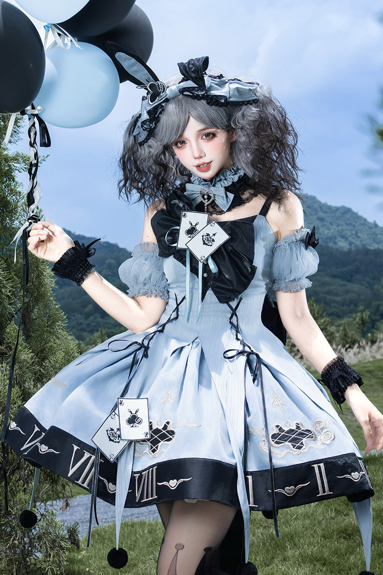 Blue [The Clock Rabbit's Card Game] Sleeveless Jacquard Ruffled Embroidered Bow Lace-Up Gothic Lolita Jsk Dress