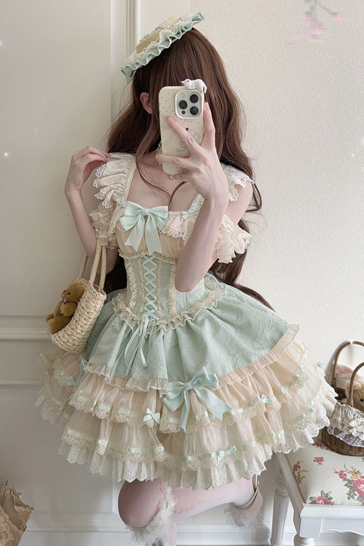 Green [Flory Butterfly] Double-Layered Ruffle Bowknot Lace Lace-Up Sweet Ballet Lolita Jsk Dress