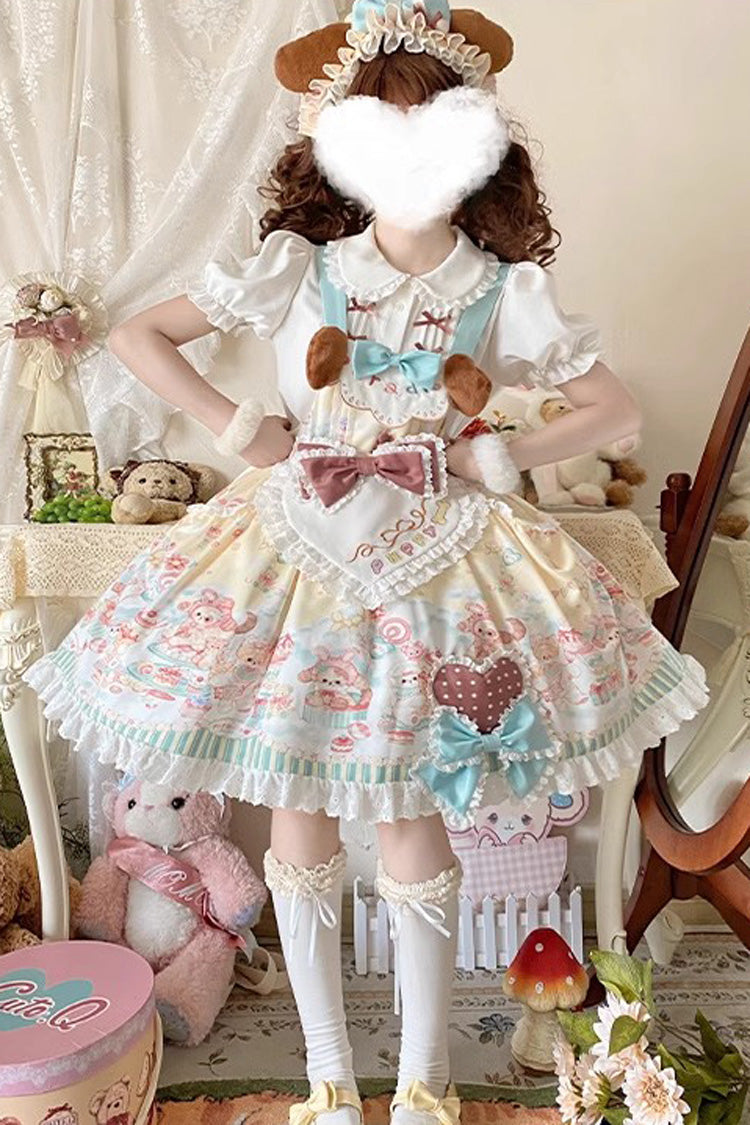 Multi-Color [Sweet Pet Paradise] Print Ruffle Bowknot Vintage Lolita Strap Dress