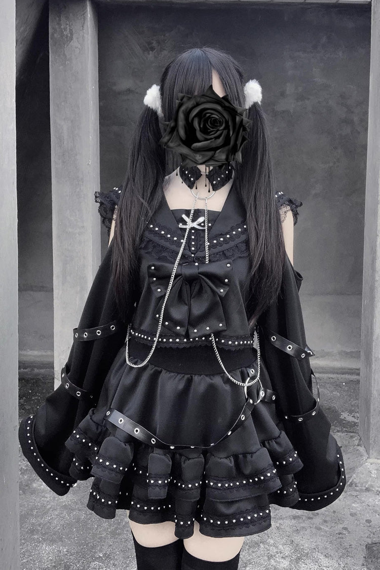 Black [Serpent Devour] Navy Collar Long Sleeves Ruffled Bow Studded Gothic Jirai Kei Top and Skirt Set
