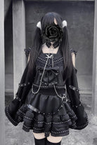 Black [Serpent Devour] Navy Collar Long Sleeves Ruffled Bow Studded Gothic Jirai Kei Top and Skirt Set