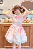 Pink [Melody Kitty] Doll Collar Short Sleeves Ruffled Embroidered Bow Lace Sweet Lolita Dress