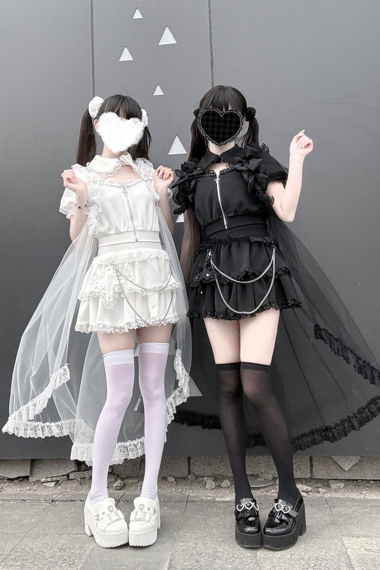 [Song of Atonement] Short Sleeves Double-Layered Lace Zippered Chain-Decorated Gothic Jirai Kei Japanese Skirt Set 2 Colors