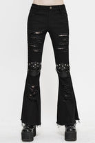 Black Punk Nailed Knee Cutoff Bellbottomed Womens Pants
