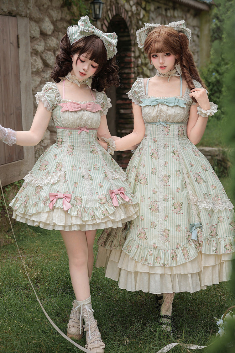 Green [An Encounter with Austin] Square Collar Short Sleeves Multi-Layered Rose Printed Ruffled Bow Lace Sweet Lolita Dress 2 Versions