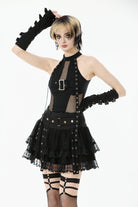 Black Off Shoulder Halterneck Sleeveless Mesh Eyelet Strap Women's Punk Top