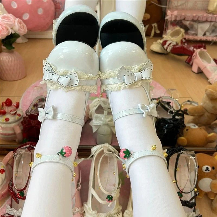 Round Toe Bow Lace Trim Mid Heel Lolita Mary Jane Shoes with Ankle Bells 6 Colors