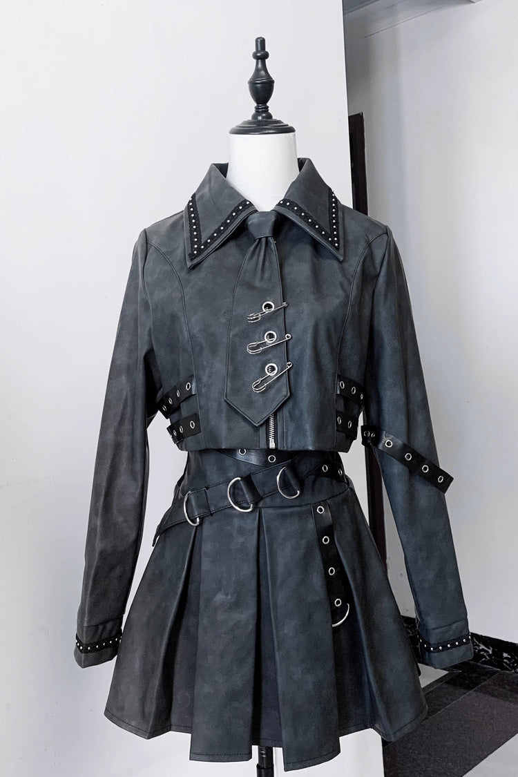 Black [Eternal Night of Bones] Lapel Collar Long Sleeves Studded Eyelet Gothic Jirai Kei Japanese Handsome Top and Skirt Set