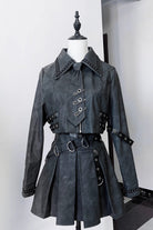 Black [Eternal Night of Bones] Lapel Collar Long Sleeves Studded Eyelet Gothic Jirai Kei Japanese Handsome Top and Skirt Set