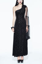 Black One Shoulder Mesh Shawl Feather Lace Decoration Velvet Long Women's Gothic Dress