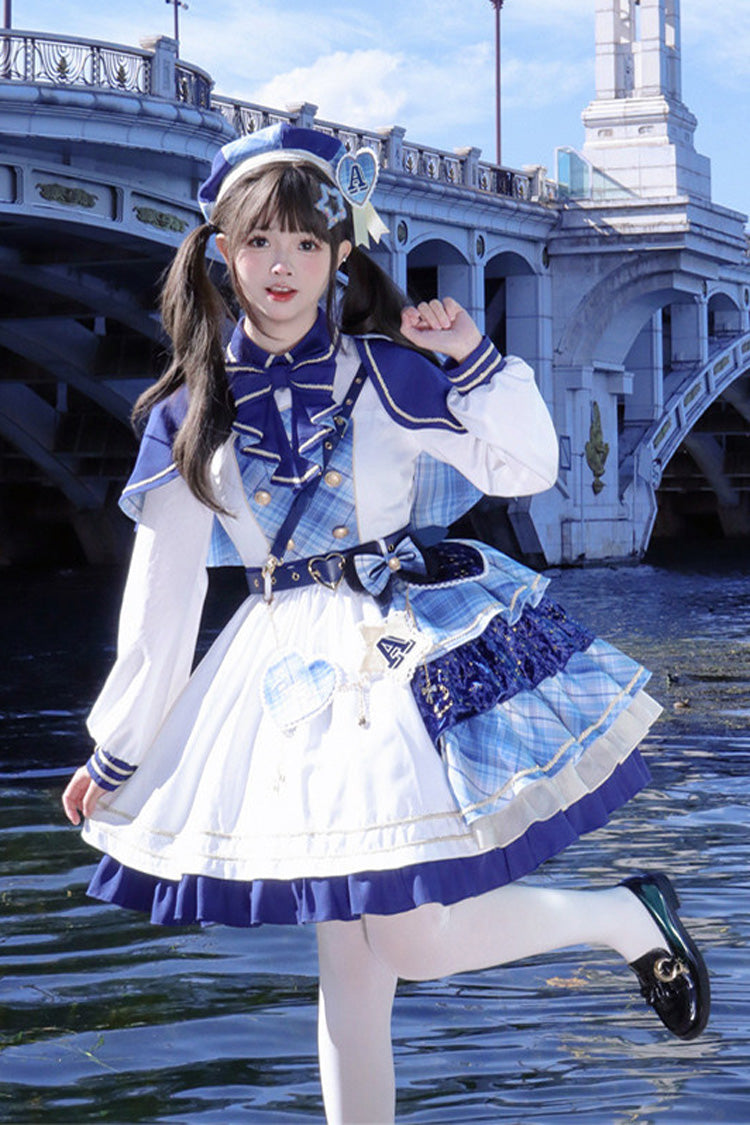 White/Blue [Starlight Academy Style] Long Sleeves Printed Ruffled Spliced Asymmetric Faux Two-Piece Sweet Lolita Dress
