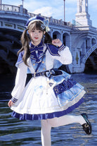 White/Blue [Starlight Academy Style] Long Sleeves Printed Ruffled Spliced Asymmetric Faux Two-Piece Sweet Lolita Dress