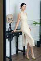 Ivory White Halter Neck Midi Modern Cheongsam Qipao Dress