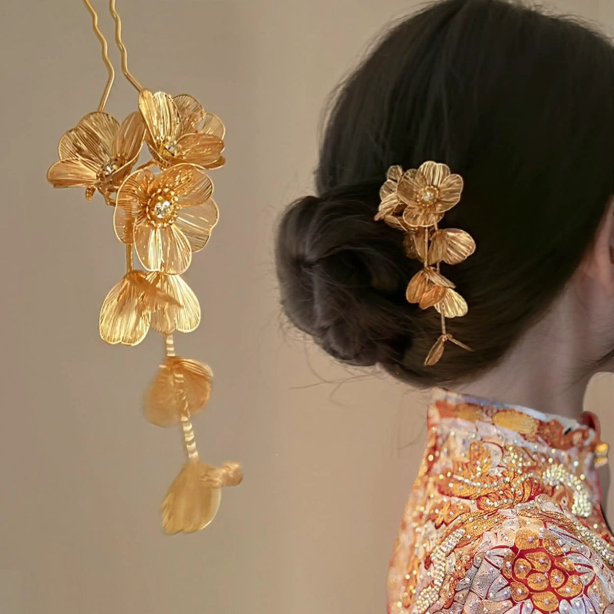 Golden Flower Petals Hair Pin