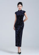 Midnight Blue Sleeveless Velvet Qipao Dress