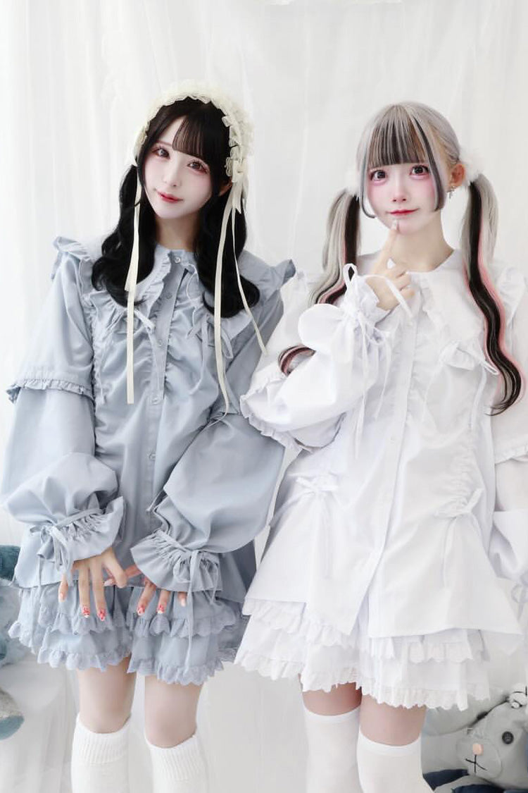 Doll Collar Long Sleeves Ruffle Bowknot Sweet Jirai Kei Japanese Blouse 3 Colors