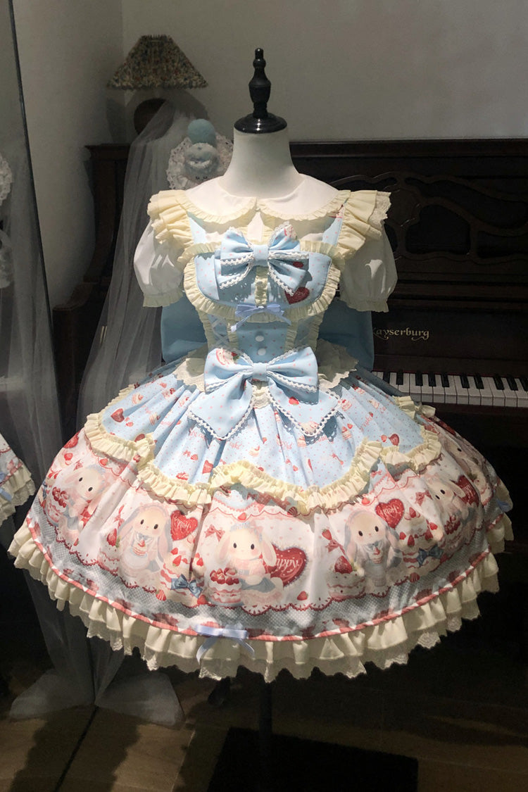 Blue [Cute Rabbit Party] Sleeveless Double-Layered Printed Ruffled Bow Sweet Lolita Jsk Dress
