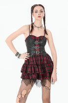 Black/Red Plaid Leather Multi-Layered Ruffled Women's Punk  Sweetcore Slip Dress