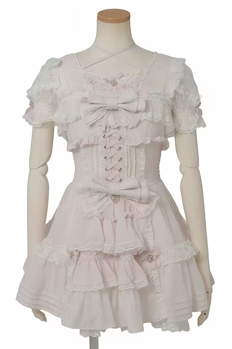 Sweet Short Sleeves Ruffled Bow Lace Jirai Kei Japanese Plus Size Lolita Dress 3 Colors