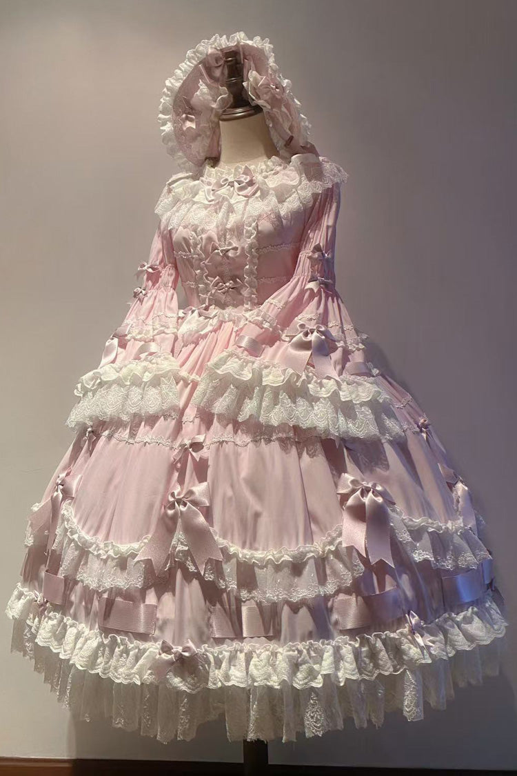 Pink Round Collar Long Trumpet Sleeves Hanayome Bowknot Lace Daily Sweet Elegant Princess Lolita Dress