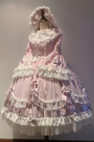 Pink Round Collar Long Trumpet Sleeves Hanayome Bowknot Lace Daily Sweet Elegant Princess Lolita Dress