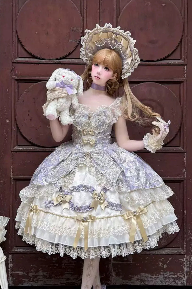 Purple [Gilded Waltz] Square Collar Sleeveless Printed Ruffled Embroidered Bow Lace Gorgeous Sweet Lolita Jsk Dress