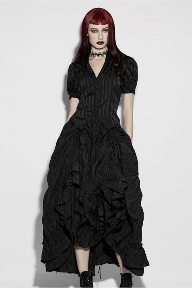 Black V Collar Short Puff Sleeves Lace Lace-Up Striped Women's Gothic Blouse