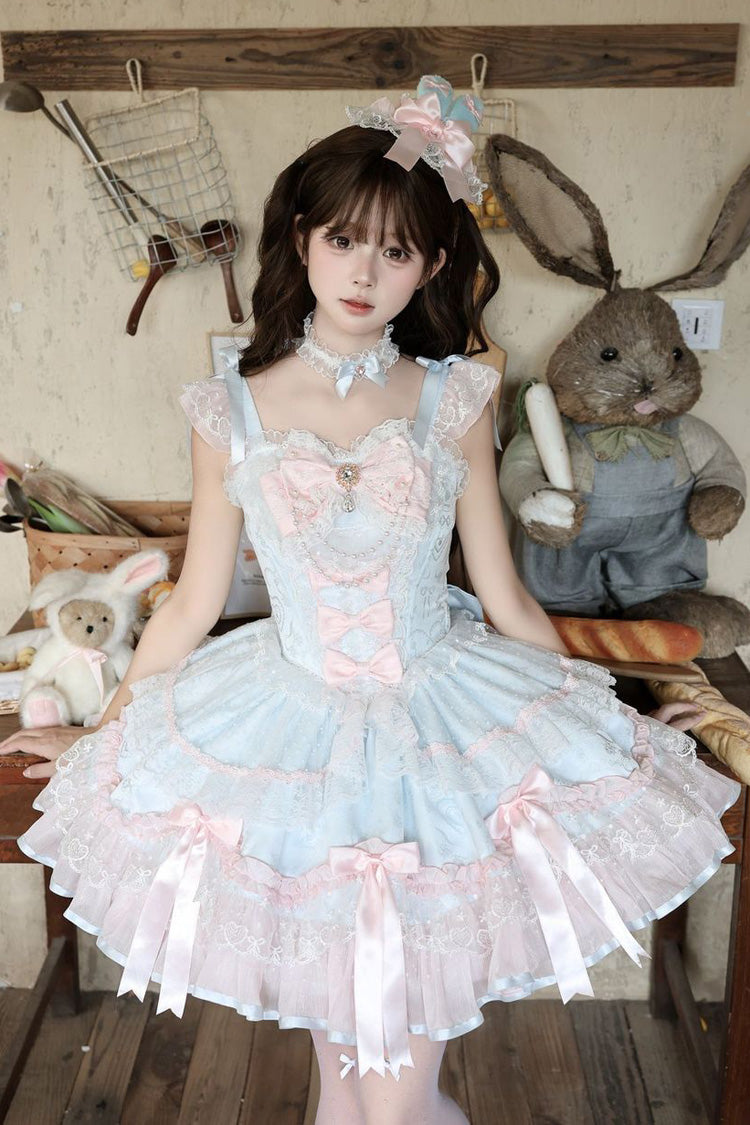 Blue [Candy Satin Ballet] Square Collar Sleeveless Multi-Layered Ruffled Bow Lace Pearl Detail Sweet Lolita Jsk Dress