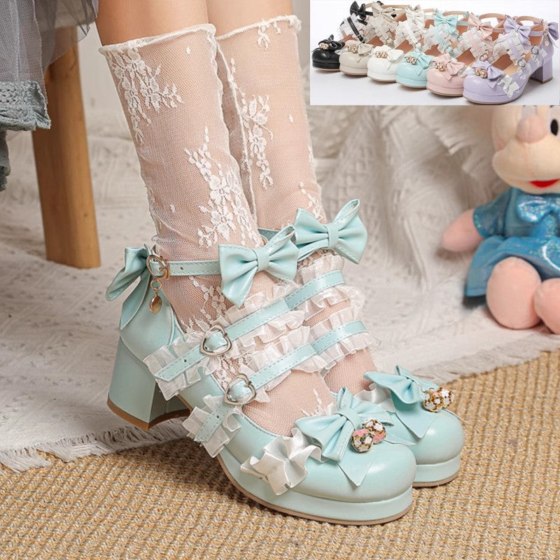 Sweet Bowknot Stitching Lace Princess Lolita High Heels 6 Colors