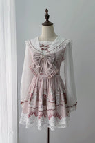 White/Pink [Strawberry Bunny] Navy Collar Long Sleeves Printed Ruffled Bow Lace Sweet Japanese Jirai Kei OP Dress