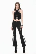 Black Women's Punk Buckled Straps Cut-Out Sheer Mesh Patchwork Flare Pants