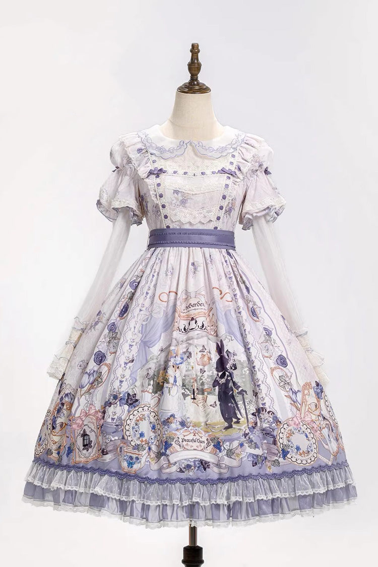 Purple [Red Hare Tea Party] Lapel Collar Long Sleeves Printed Ruffled Lace Chiffon Sweet Elegant Lolita Dress