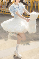 White/Blue Doll Collar Short Sleeves Multi-layer Ruffle Sweet Princess Lolita Skirt Dress Set