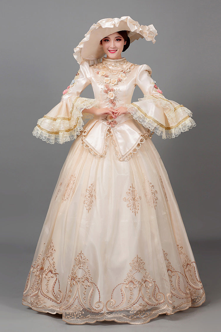 Champagne Court Style High Waisted Long Sleeves Floral Decorative Print Victorian Lolita Prom Dress