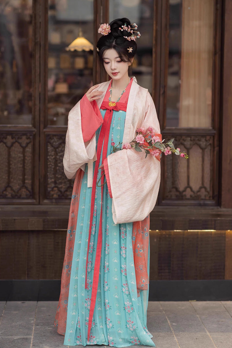 Green [Peach Blossoms and Spring] Long Sleeves Print Embroidery Classic Hanfu Dress