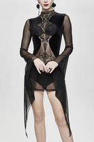 Black Translucent Embroidered Flared Sleeves Sexy Velvet Gothic Womens Dress
