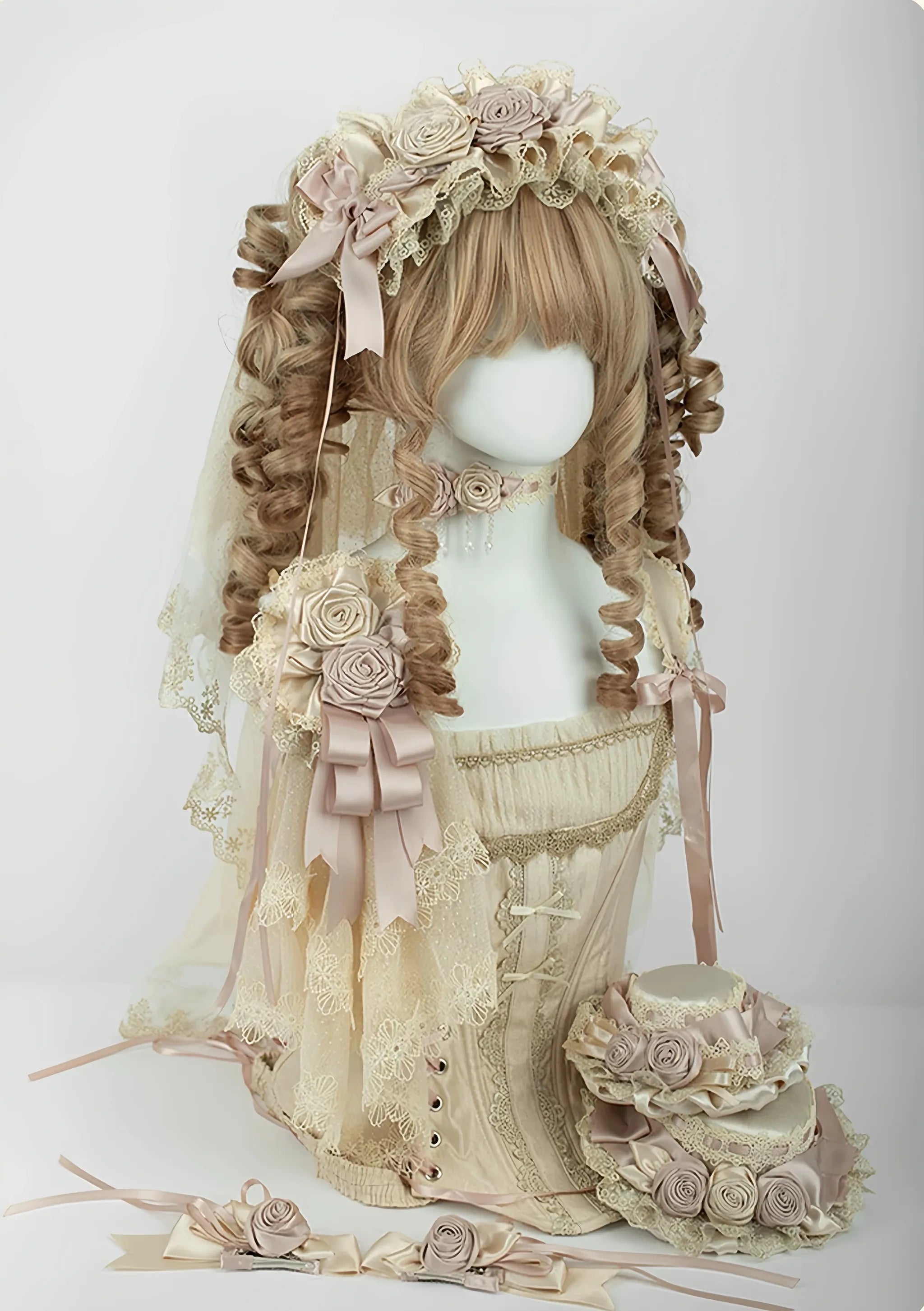 Champagne Classic Lolita Headdress and Choker, Floral Accent