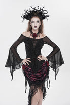 Black Off Shoulder Long Trumpet Sleeves Ruffled Embroidered Lace-Up Women's Gothic Blouse