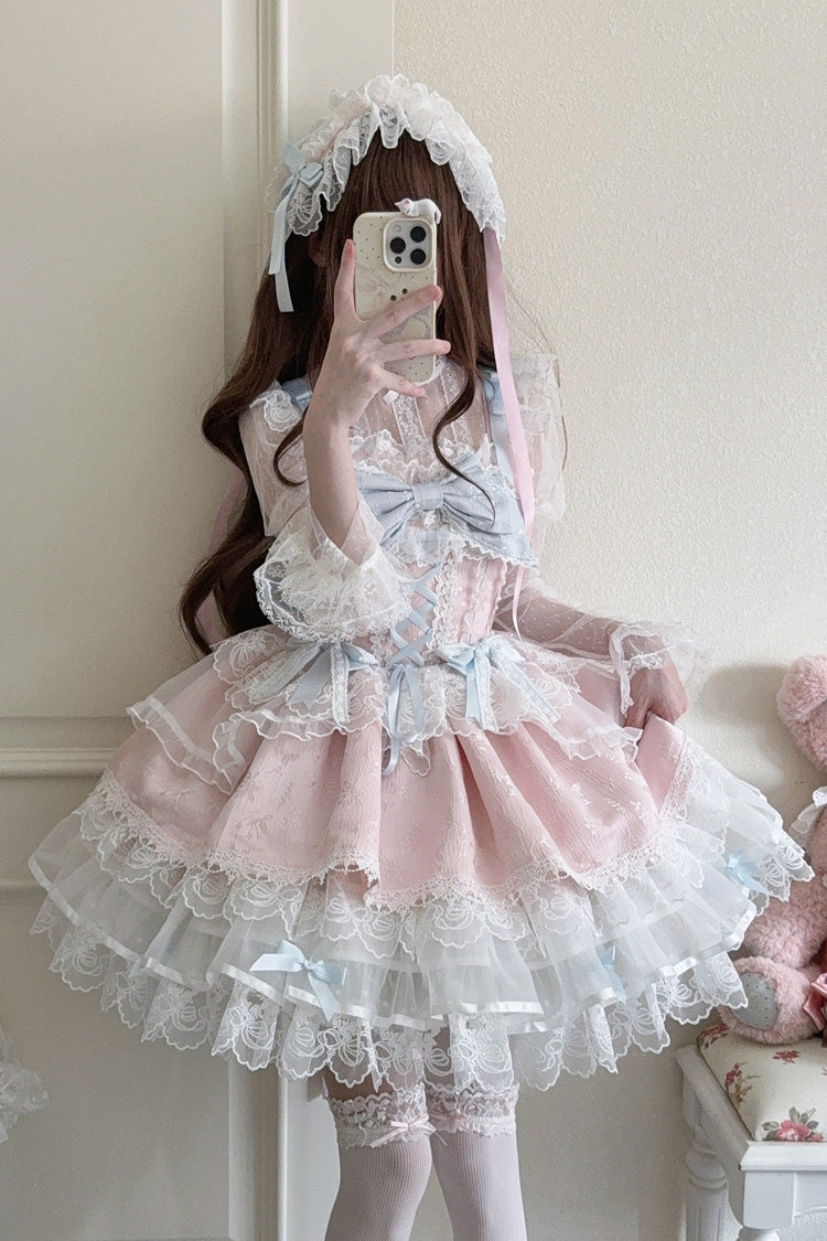 Pink [Fleishi Island] Sleeveless Ruffle Bowknot Lace Slim Sweet Ballet Lolita Jsk Dress