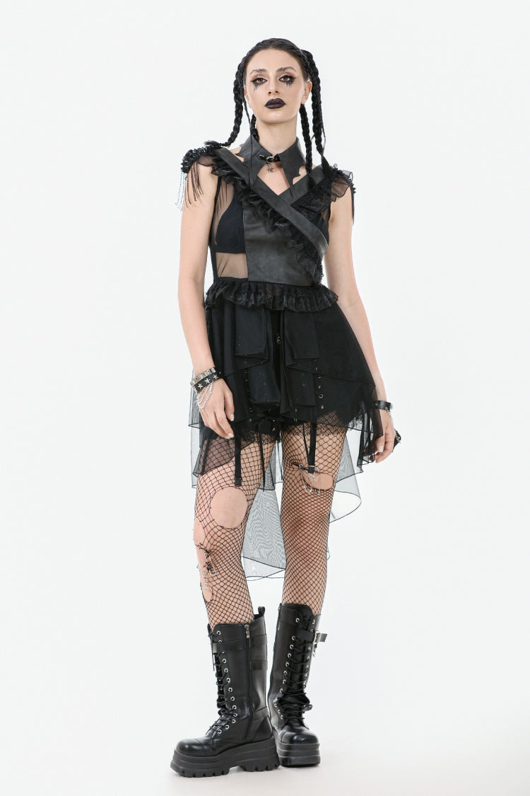 Black V Collar Sleeveless Multi-Layered Ruffled Sheer Mesh Women's Punk Dress