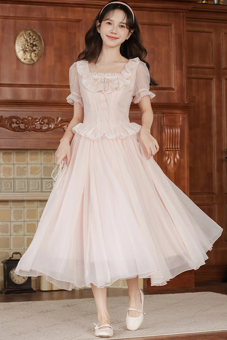 Pink Square Collar Short Puff Sleeves Ruffled Embroidered Lace French Style Sweet Lolita Dress