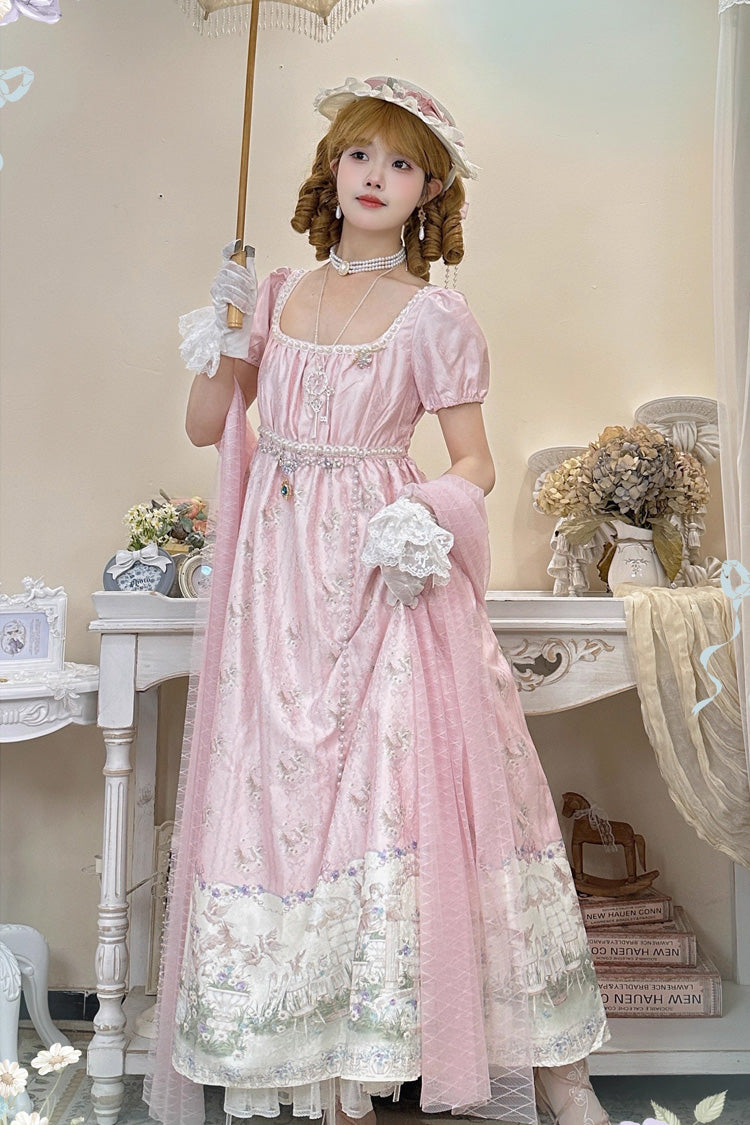 Pink [Spring of Nai] Square Collar Short Sleeves Print Pearl Sweet Elegant Lolita Dress
