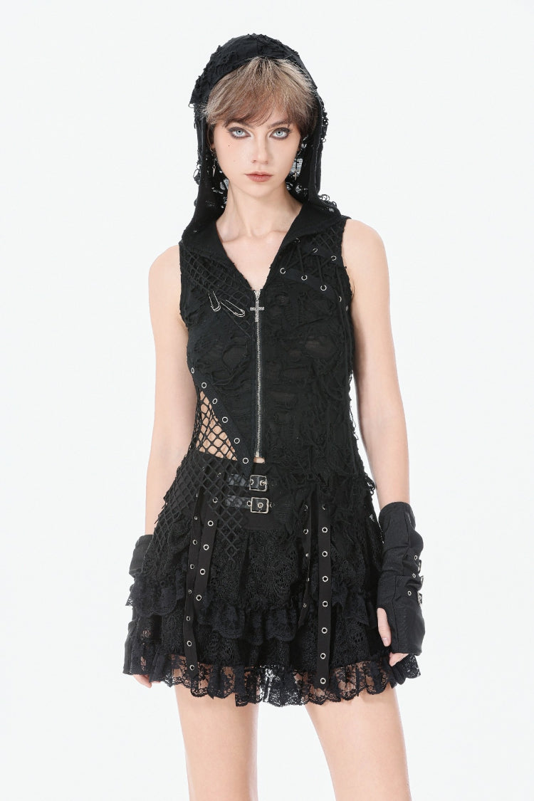 Black Sleeveless Mesh Ripped Asymmetric Zippered Eyelet Women's Punk Hooded Top