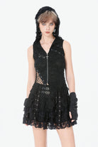 Black Sleeveless Mesh Ripped Asymmetric Zippered Eyelet Women's Punk Hooded Top