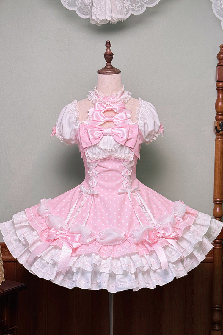 Pink Halterneck Short Sleeves Triple-Layered Polka Dot Printed Bow Lace-Up Sweet Lolita Dress