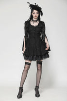 Black Long Trumpet Sleeves Embroidered Lace Lace-Up Women's Gothic Honeymoon Dress